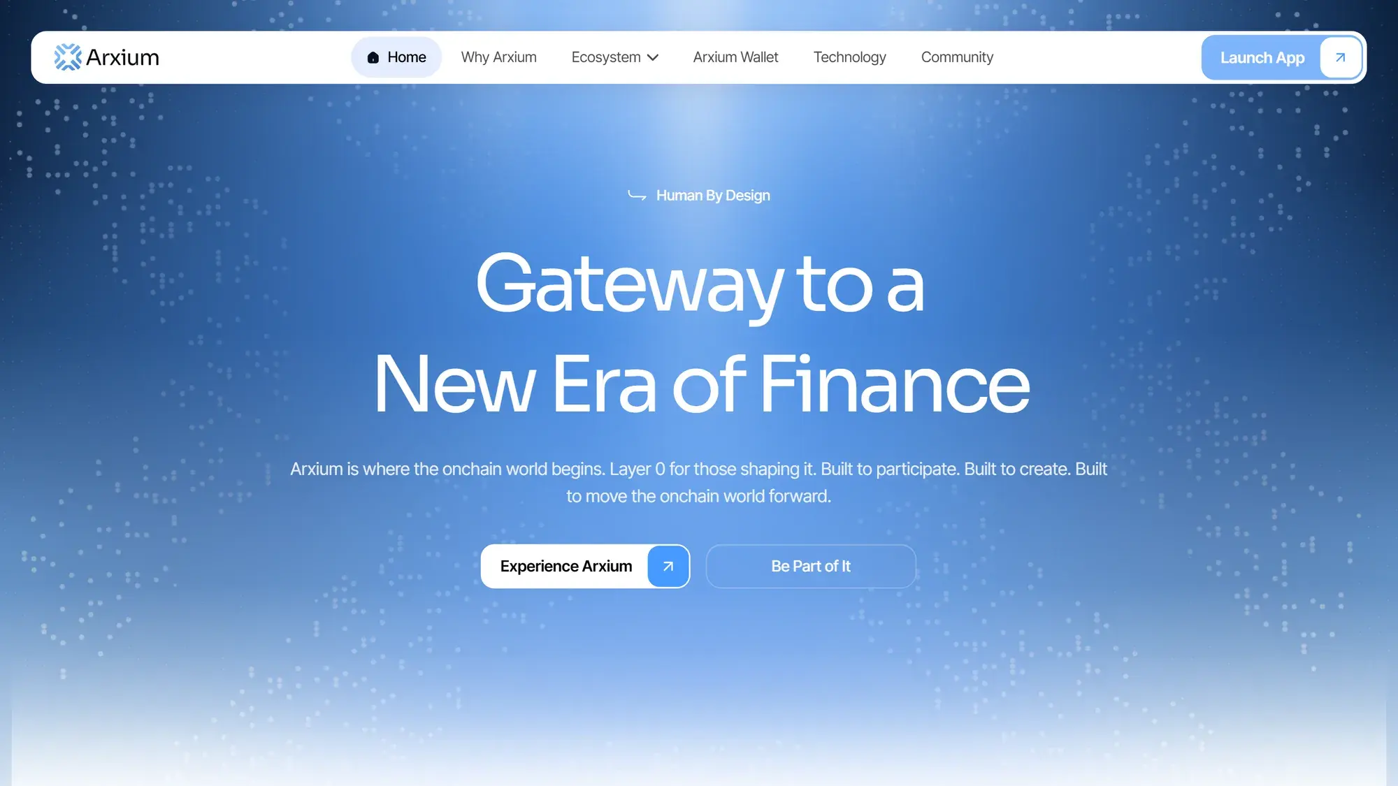 The Arxium website homepage, headlined “Gateway to a New Era of Finance”.
